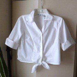 Rebecca Malone cropped front tie white button down shirt blouse top cotton L